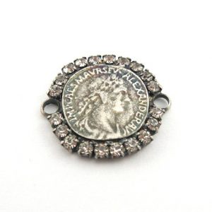 Ancient coin with rhinstone and 2 loops